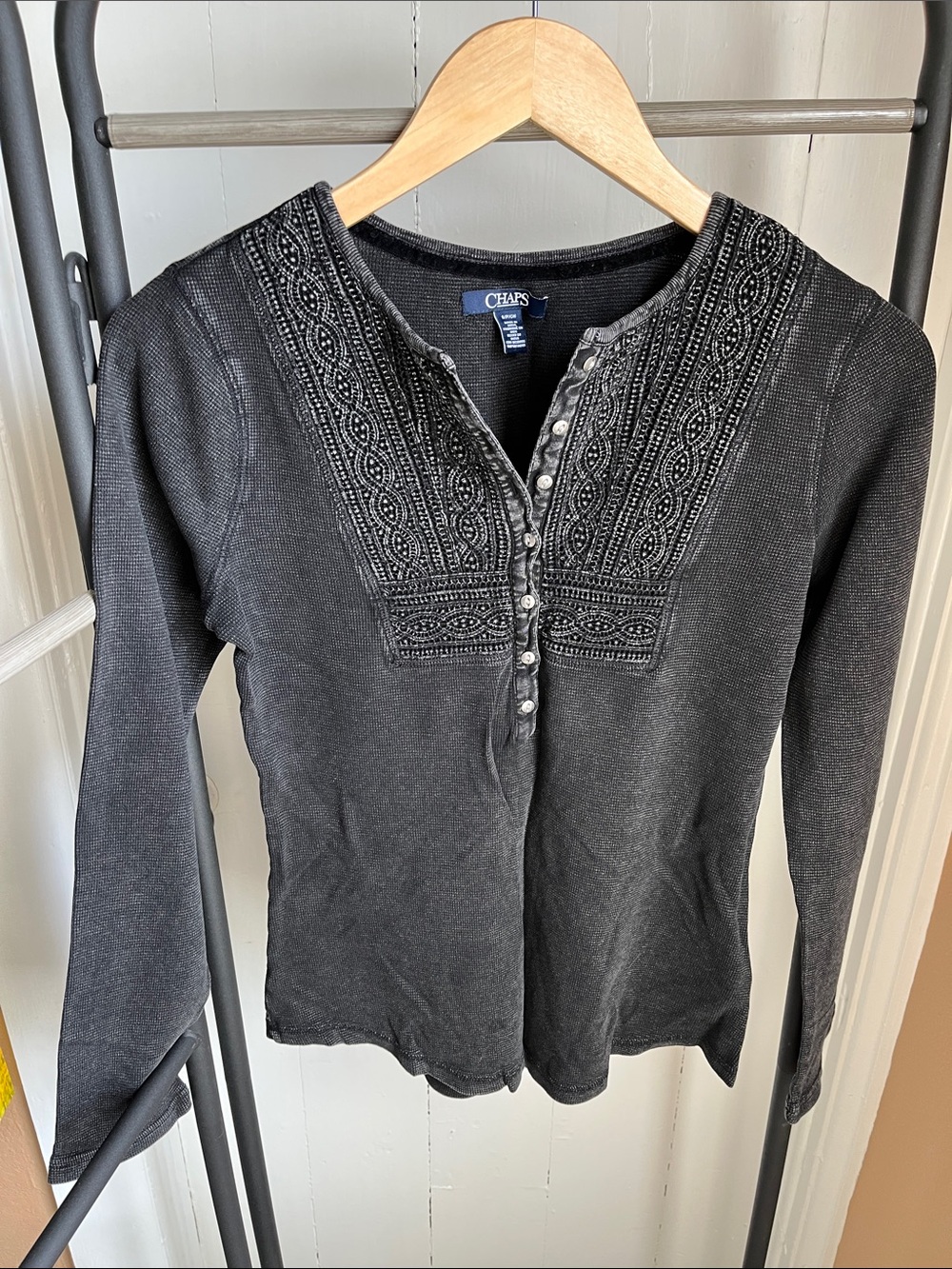Chaps Black Embroidered Henley Top